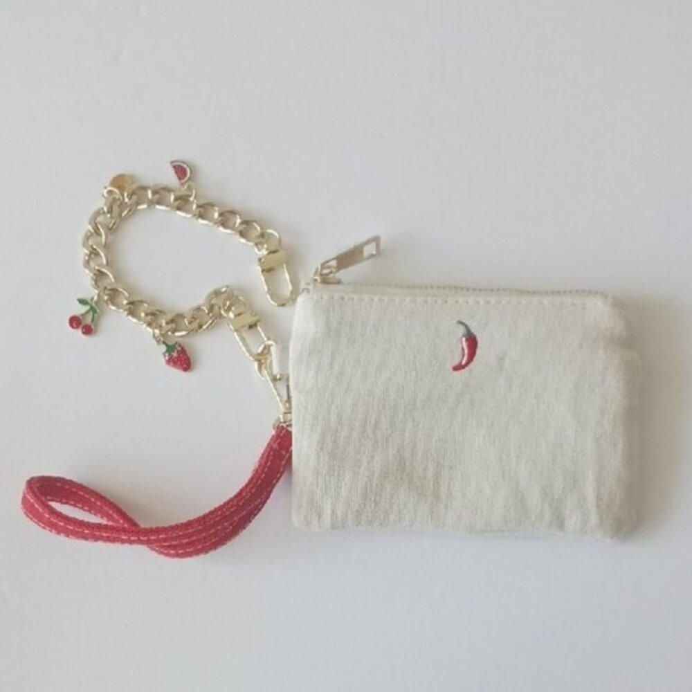 Madden Girl Charming Cream Canvas Wristlet Pouch w Strap & Metal Chain Charms